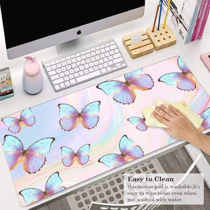 Butterfly Desk Pad Protector, Stitched Edges Mouse Pad, Large Office Mat, Non-Slip Blotter, Laptop Pad, Writing Pad for Office and Home (31.5" x 15.7") - color: A02-dreamy Butterfly