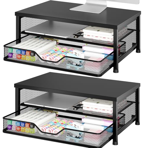 OPNICE Computer Monitor Stand Riser, Desk Organizer with Drawer, Printer & Laptop Stand, Office Desk Accessories & Workspace Desktop Organizers Storage for Office Supplies(Black 2-Pack) - color: Black 2-Pack, size: 14 x 9.1 x 5.6