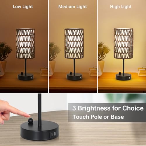 Gray Bedside Lamps Set of 2, Touch Control Night Stand Lamp for Bedroom with Rattan & Linen Shade & Bulbs, 3 Way Dimmable Small Boho Table Lamps with USB Charging Port & Phone Stand - color: Gray-2pack