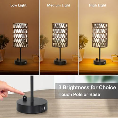 Gray Bedside Lamps Set of 2, Touch Control Night Stand Lamp for Bedroom with Rattan & Linen Shade & Bulbs, 3 Way Dimmable Small Boho Table Lamps with USB Charging Port & Phone Stand - color: Gray-2pack