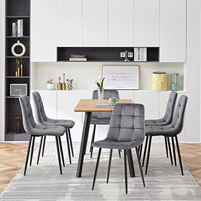 Homedot Grey Velvet Chair Set of 6,Mid-Century Modern Dining Chair Upholstered Living Chair Tufted Reception Chair with Solid Black Metal Legs for Bedroom,Dining Room,Kitchen - color: Grey, size: 6*Chair