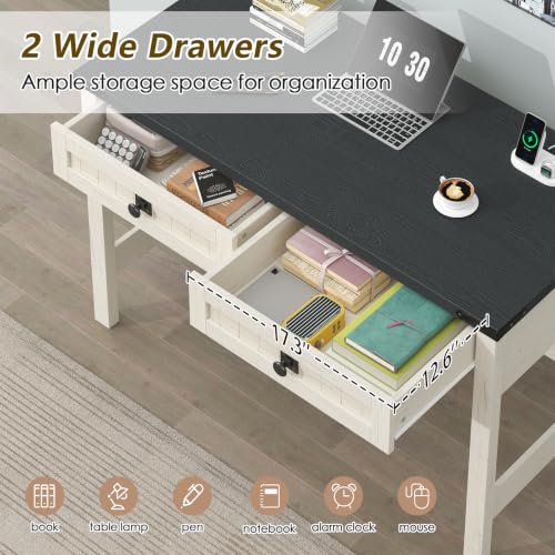 39 Inch Farmhouse Small Computer Desk with Drawers for Bedroom, Home Office - color: Black and White