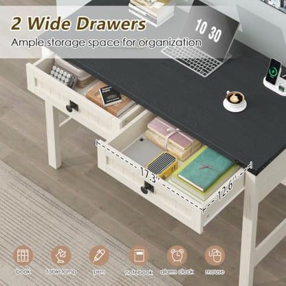 39 Inch Farmhouse Small Computer Desk with Drawers for Bedroom, Home Office - color: Black and White