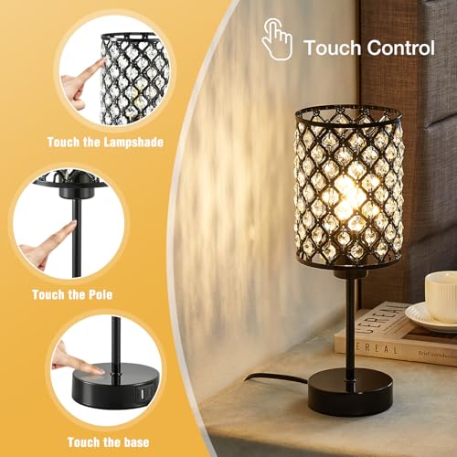 Crystal Table Lamp, Black Touch Lamp with USB C+A Port, 3-Way Dimmable - color: Black, size: 14.75"