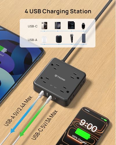 TROND 360° Rotating Flat Plug Power Strip 10ft, 8 AC & 4 USB (2U2C), Black - color: Black, size: 10FT, style: Rotating Plug-2U2C