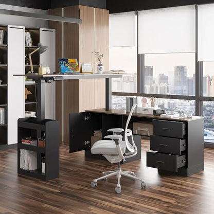 MOUMON Electric Standing Desk with Drawers and Shelves, Executive Adjustable Height Stand Up Desk, L-Shaped Design, 63 inch Tabletop, for Office Deep Brown and Black 63”W x 63”D x 28.9-45.3”H - color: Deep Brown and Black, size: 63”W x 63”D x 28.9-45.3”H