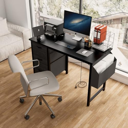 47.3" Office Desk with Power Outlet,3 Drawers,Side Pocket, Study Desk Easy to Assemble,Frame Stability Reversible for Home Desk, Company Computer Desk, Game Table,Vanity Table (Black)