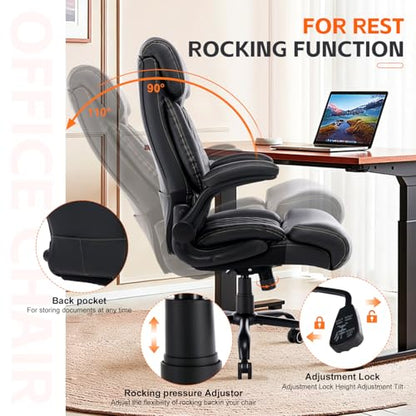 BOSMILLER Big and Tall Office Chair, Heavy Duty Executive Chairs with Adjustable Lumbar Support for Back Pain, Ergonomic Comfortable Computer Chair with Extra Wide Seat for Home Office, Black Pu