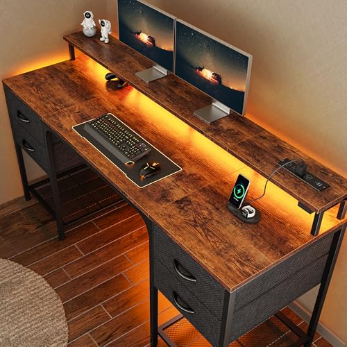 Huuger 63 inch Computer Desk with Power Outlets & 4 Drawers - color: Rustic Brown, size: 63 Inch