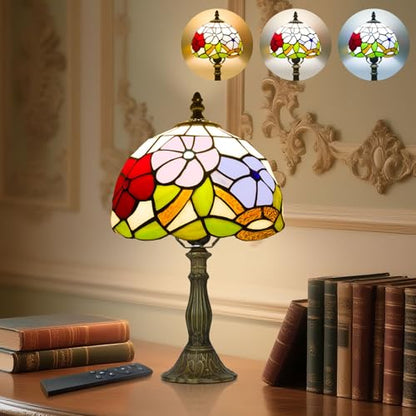 8 Inch Small Tiffany Style Table Lamp with Remote Control, Three Flowers - color: Three Flowers