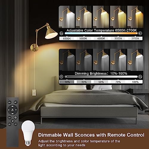 TRLIFE Wall Sconce with Remote Control, Brushed Brass Plug in Wall Sconces Dimmable and Adjustable Color Temperature 2700K-6000K, Swing Arm Wall Lights with Plug in Cord, UL Listed(2 Pack, 2 Bulbs) - color: Gold, size: 2 Pack- (Remote+Bulbs)