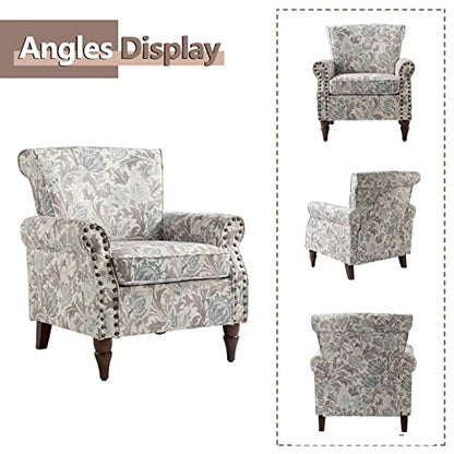 HULALA HOME Traditional Floral Accent Chair with Solid Wood Legs, Grey | Comfy Upholstered Armchair Reading Chair with Rolled Armrests, Nailhead Trim, Removable Cushion, for Living Room Bedroom - color: Grey