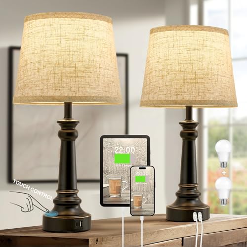 EJIAXIN Touch Lamps for Nightstand Set of 2 - Black Table Lamp for Bedroom Dimmable Bedside Lamp with USB C+A Ports - Lamps for Night Stands Living Room End Table,2 LED Bulbs Included - color: Black