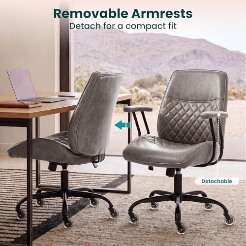NEO CHAIR Leather Office Chair with Ergonomic Design, Swivel Chair, Grey | Modern Computer Desk Chair with Genuine Leather, Lumbar Support, Removable Arms, Comfy Chair for Home Office, Smooth Rolling - color: D. Mid-back Grey