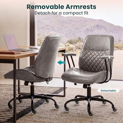 NEO CHAIR Leather Office Chair with Ergonomic Design, Swivel Chair, Grey | Modern Computer Desk Chair with Genuine Leather, Lumbar Support, Removable Arms, Comfy Chair for Home Office, Smooth Rolling - color: D. Mid-back Grey