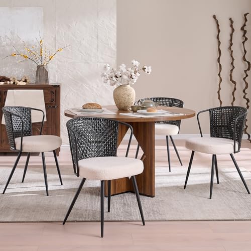 BedsPick Rattan Dining Chair Set of 4 - Farmhouse Upholstered PE Rattan Kitchen Chair with Boucle Cushion, Wingback Dining Room Seat with Cane Back and Metal Legs for Home, Kitchen (Black) - color: Black, size: 4 packs
