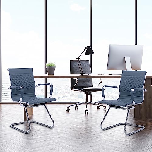 BESTANO Office Guest Chairs Reception Chairs Waiting Room Chairs Set of 2 Conference Room Chair with Mid Back, Modern PU Leather Desk Chairs, Navy - color: Navy