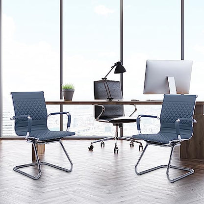 BESTANO Office Guest Chairs Reception Chairs Waiting Room Chairs Set of 2 Conference Room Chair with Mid Back, Modern PU Leather Desk Chairs, Navy - color: Navy