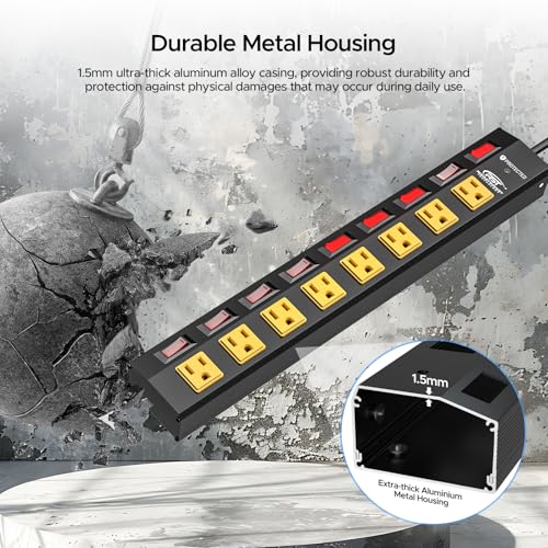 CRST 8-Outlet Metal Power Strip with Individual Switches, 15A/1875W, 6FT | 1.77" Wide Spacing for Bulky Plugs, 1200J Surge Protector Power Strip with Mounting Brackets for Home/Workshop/Garage/School - size: 8 Outlet+6FT