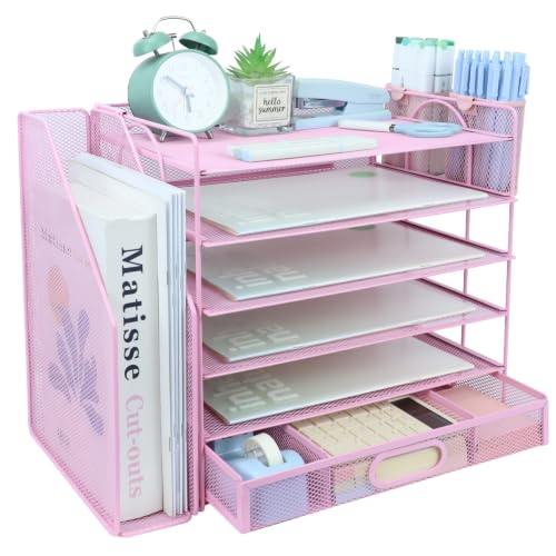 Desk Organizers and Accessories with File Holder, 6-Tier Paper Letter Tray Organiser with Drawer and 2 Pen Holder, Mesh Desktop Document Organizer for Office Supplies, Workspace - Pink - color: 5 Tier - Black