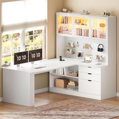 SEDETA L Shaped Corner Gaming Desk with 3 Wood Drawer and Large Bookshelf - color: White