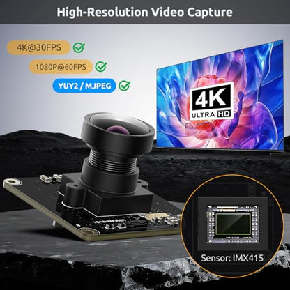 USB 3.0 UVC Camera Module with IMX415 Sensor, 4K@30FPS & 1080P@60FPS, Plug and Play for Windows/Linux/Mac/Android/Raspberry Pi/Jetson Nano/ARM Boards