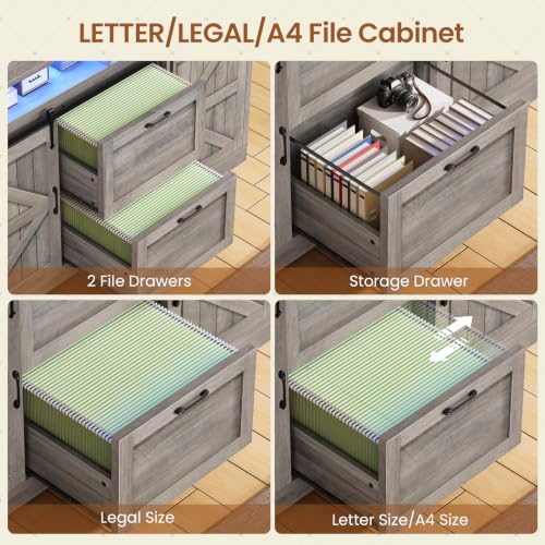 SEDETA 47.2" File Cabinet, 2 Drawers Filing Cabinets for Home Office fit Legal/Letter/A4 File, Farmhouse File Cabinet with Barn Door & Power Outlets, Printer Stand with Storage & LED Lights, Grey - color: Grey