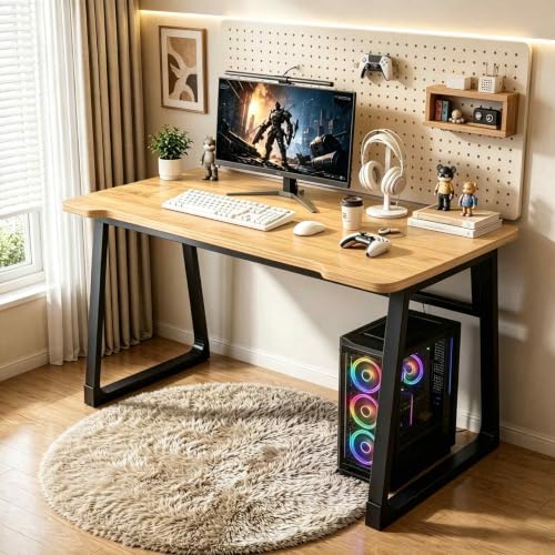 Computer Desk 39.4 Inch Small Office Desk with Wood Top and Metal Frame, Study Writing Desk for Home, Bedroom, Gaming, U-Shaped Leg Design, Modern Simple - color: Frame：black/Board：teak