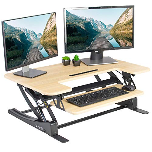 VIVO 36 inch Height Adjustable Stand Up Desk Converter, V Series, Quick Sit to Stand Tabletop Dual Monitor Riser Workstation, Light Wood Top, Black Frame, DESK-V000VO | Height Adjustable, Stand Up Desk Riser, Wide Keyboard Tray, Dual Monitor and Laptop Wo