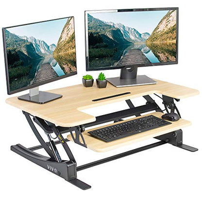VIVO 36 inch Height Adjustable Stand Up Desk Converter, V Series, Quick Sit to Stand Tabletop Dual Monitor Riser Workstation, Light Wood Top, Black Frame, DESK-V000VO | Height Adjustable, Stand Up Desk Riser, Wide Keyboard Tray, Dual Monitor and Laptop Wo