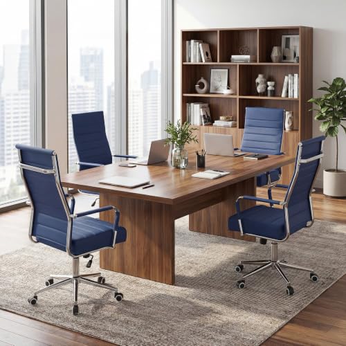JOMEED Office Desk Chair,Conference Room Chair,High Back PU Leather Swivel | Modern Executive Ribbed Design, Ergonomic, Height Adjustable, Wheels and Arms, for Home Office(Blue-Silver Frame) - color: Blue