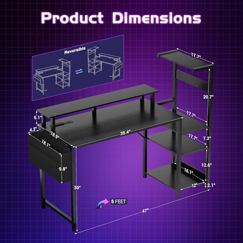 Apicizon 47 Inch Gaming Desk with LED Setup Style, Computer Desk with Storage Shelves & Monitor Stand, Reversible Workstation for Small Space, Home Office Desk with Side Pocket - size: 47inch