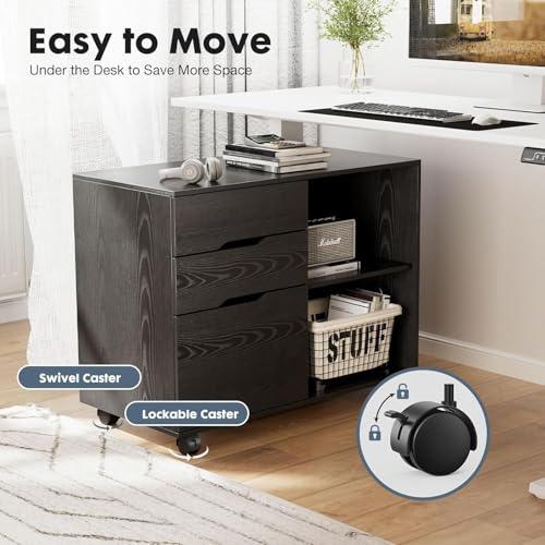 Healsmart Multifunction File Cabinet with Wheels, 3-Drawer Rolling Storage Organizer with Wood Top & Adjustable Shelf, Mobile Filing Cabinet Printer Stand for Home Office Small Space, Black - color: Black, style: Upgrade