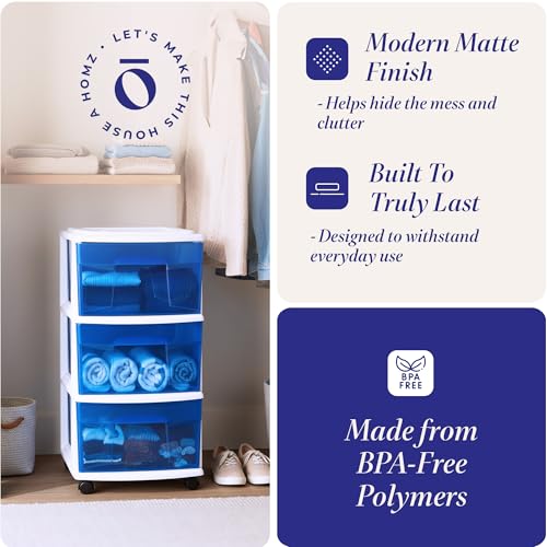 HOMZ Drawer Tower, 3-Tier Storage Cart with Removable Wheels, White Frame - color: White Frame/Blue Drawers, size: 1 Pack