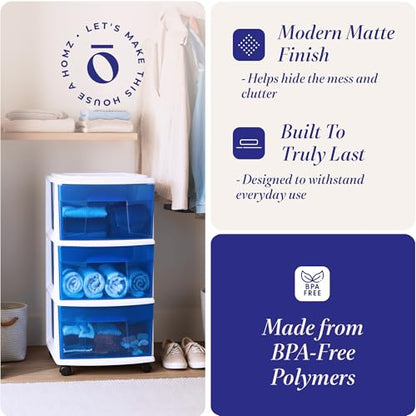 HOMZ Drawer Tower, 3-Tier Storage Cart with Removable Wheels, White Frame - color: White Frame/Blue Drawers, size: 1 Pack