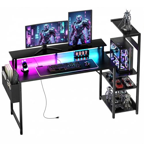 Apicizon 54 Inch Gaming Desk with LED Setup Style, Large Computer Desk with Storage Shelves & Dual Monitor Stand, Reversible Workstation for Small Space, Home Office Desk with Side Pocket - size: 54inch