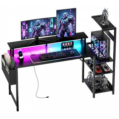 Gaming Desk 54 Inch Computer Table with Storage Shelves & Monitor Stand | LED Setup Style, PC Tower Stand, Reversible Workstation, USB Charging Port, for Home Office Desk, Bedroom, Dorm, Black - size: 54inch