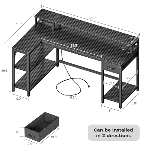 SUPERJARE 53 inch Reversible L Shaped Desk with LED Lights & Power Outlets, Computer Desk with Shelves & Monitor Stand, Gaming Desk with Drawer, Home Office Desk, Carbon Fiber Black - color: Carbon Fiber Black, size: 53 inch