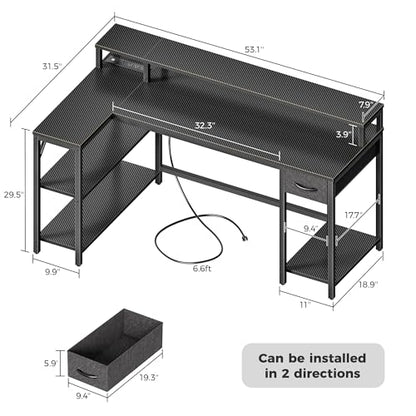 SUPERJARE 53 inch Reversible L Shaped Desk with LED Lights & Power Outlets, Computer Desk with Shelves & Monitor Stand, Gaming Desk with Drawer, Home Office Desk, Carbon Fiber Black - color: Carbon Fiber Black, size: 53 inch