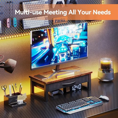Computer Monitor Stand Riser with Drawer, 2-Tier Desk Accessories & Workspace Organizers, Laptop Stand for Desk with Storage, Office Organization, Wood
