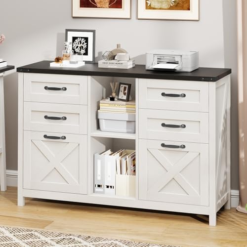 Farmhouse Lateral Filing Cabinet, Lateral File Cabinet with 6 Drawers and Adjustable Shelf, Large Printer Stand with 2 File Drawers for Letter/A4 Size Hanging Files for Home Office, White and Black - color: White and Black, size: 13.9"D x 27.7"W x 43.4"H