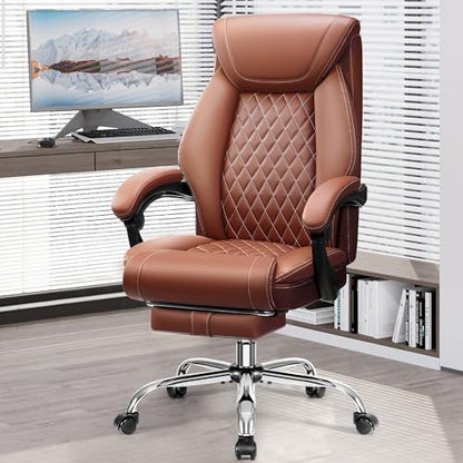 Office Chair, Executive Leather Chair Adjustable High Back, Ergonomic Computer Desk Chair Lumbar Support, Big and Tall Office Chair with Footrest, Comfy Reclining Chair for Home Office - color: Brown, style: With Footrest