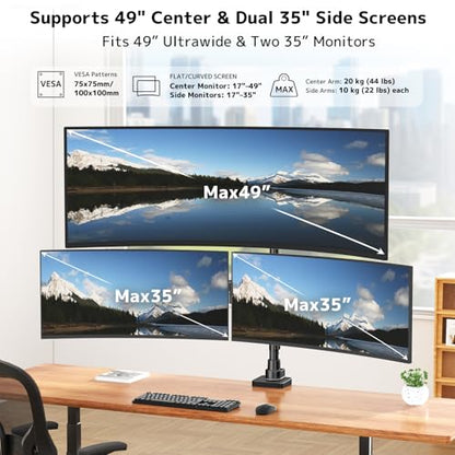 Triple Monitor Mount up to 49 inches, Fully Adjustable Heavy Duty 3 Monitor Arm with Gas Spring, Desk Mount for 3 Screens, C-Clamp & Grommet Base, Holds 44 lbs, Black - color: Black