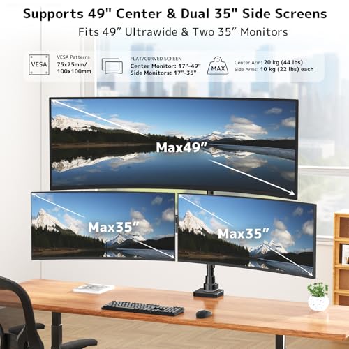 Triple Monitor Mount up to 49 inches, Fully Adjustable Heavy Duty 3 Monitor Arm with Gas Spring, Desk Mount for 3 Screens, C-Clamp & Grommet Base, Holds 44 lbs, Black - color: Black