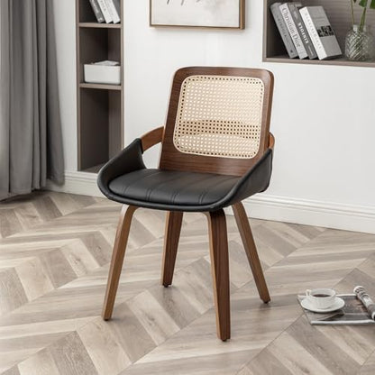 Set of 1 Rattan Dining Chair - Mid Century Modern Chair with Ergonomic Cane Back, Bentwood Frame, Faux Leather Seat, Arms, Walnut Dining Chair for Living Room/Reception/Kitchen (Walnut Black) - color: Walnut Black, size: Set of 1