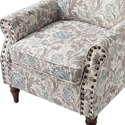 HULALA HOME Traditional Floral Accent Chair with Solid Wood Legs, Grey | Comfy Upholstered Armchair Reading Chair with Rolled Armrests, Nailhead Trim, Removable Cushion, for Living Room Bedroom - color: Grey