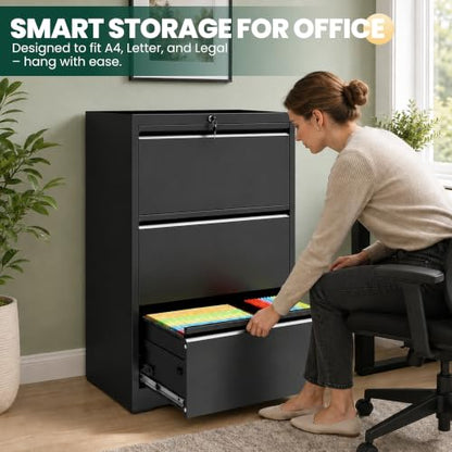 3 Drawer Lateral File Cabinet with Lock, File Cabinet for Home Office,Black | Heavy-Duty Steel Locking File Cabinet, Hanging Letter/Legal/A4 Size, Full-Extension Silent Drawer, Un-Assembly - color: Black, size: 3 Drawers