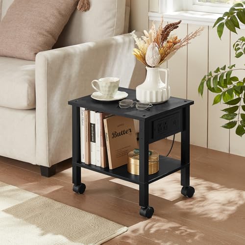 YUFAM 2 Tier Under Desk Printer Stand with Charging Station, Black - color: Black, size: 11.8"D×15.7"W×15.3"H(With USB)