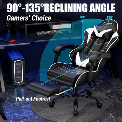 Czlolo Gaming Chair with Footrest Racing Style Lumbar Support Massager Video Game Chair with Metal Legs, High Back Reclining Gamer Chair with Headrest, 360° Swivel Office Computer Desk Chair (White) - color: White
