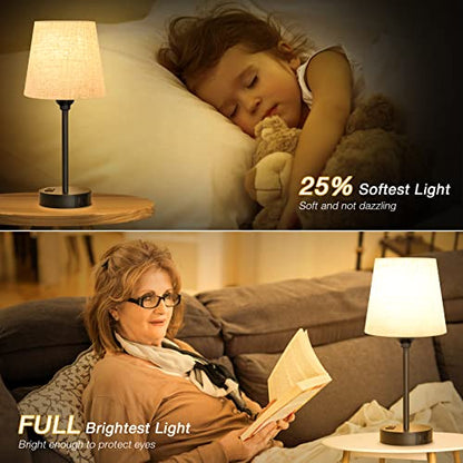 Bedside Table Lamps Set 2 for Bedroom - Dimmable Touch, USB C+A, AC Outlet | 14.5" Mini Lamp, 3-Way Dimmable, LED Bulbs Included, Trapezoid Barrel Fabric Lampshade, Nightstand Light for Guest Room, Kids - color: Beige